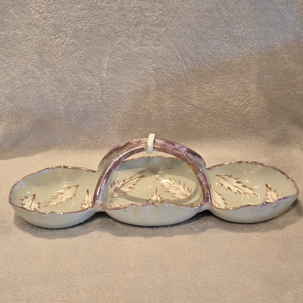 Vintage Italian Ceramic 3 Section Relish Dish Gold Leaf Handle Divided Server